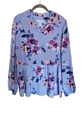 DENIM & CO FLORAL PERIWINKLE V NECK RUFFLE BOHO OVERSIZED BLOUSE SMALL LIKE NEW